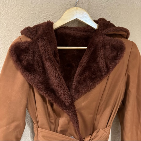 Vintage 60/70s Bonders Orange Fur Hood Trench Coat Button Belted Size S retro - Picture 4 of 14